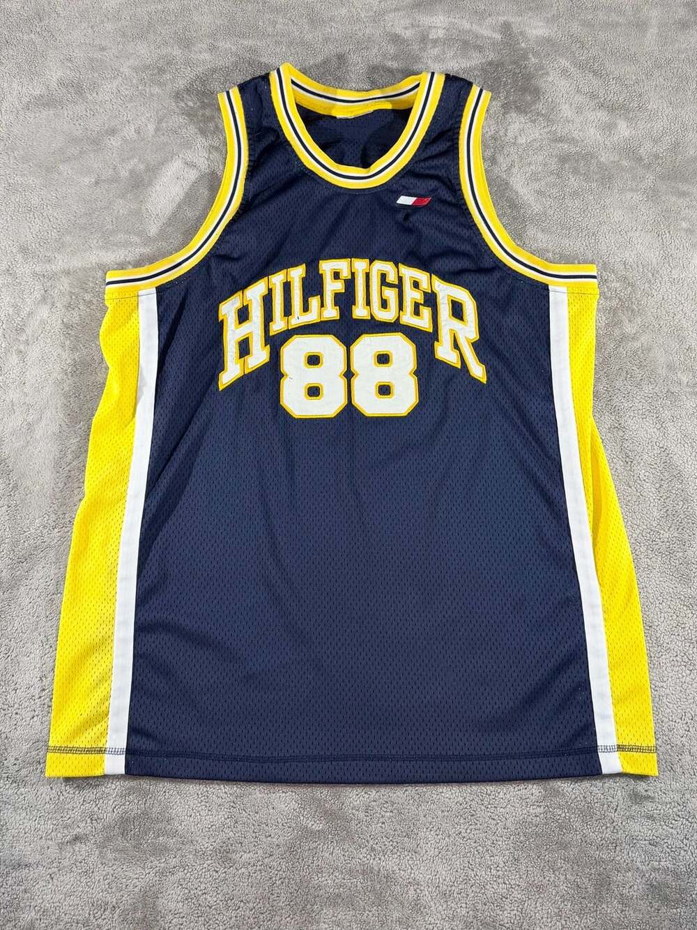 Tommy Hilfiger Hilfiger 88 Basketball Jersey Navy Yellow Mesh Tank Top, XL